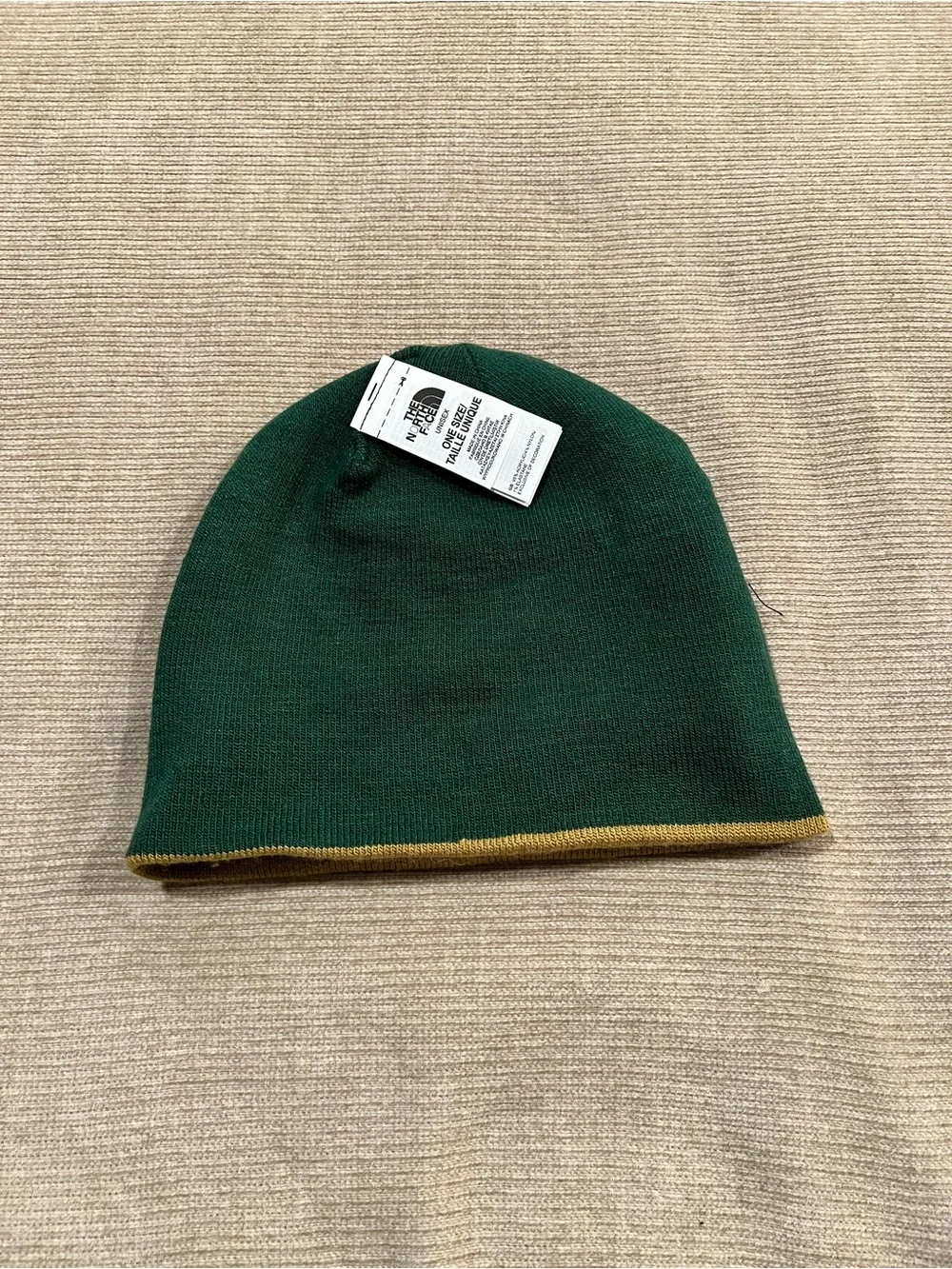 The North Face Mustard Yellow Beanie with Dark Green Lettering